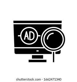 Buscando anuncios icono negro, ilustración conceptual, símbolo plano vectorial, signo de glifo.