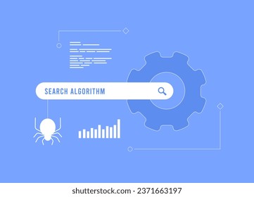 Searching Algorithms concept. Changing search engine algorithm for improve ranking results. Search algorithm update vector illustration on blue background with icons