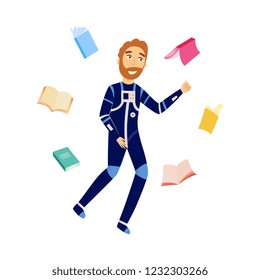 Searching and analysis of data concept - young man in cosmonaut costume flies surrounded by different sources of information isolated on white background, cartoon vector illustration.