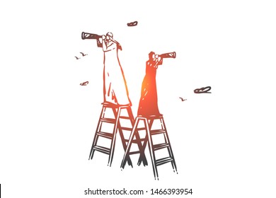 Searching, analysis, hunting, audit, navigation concept sketch. Businessman and business woman Muslims standing on stairs and looking ahread with spyglasses. Hand drawn isolated vector illustration