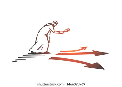 Searching, analysis, hunting, audit, navigation concept sketch. Muslim man looking at arrows through magnifier. Hand drawn isolated vector illustration