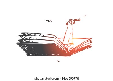 Searching, analysis, hunting, audit, navigation concept sketch. Muslim man standing on book and looking ahead with spyglass. Hand drawn isolated vector illustration