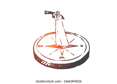 Suche, Analyse, Jagd, Audit, Navigation Konzept Skizze. Geschäftsmann Araber steht im Kompass und blickt mit Spyglass nach vorn. Handgezeichnete einzelne Vektorillustration