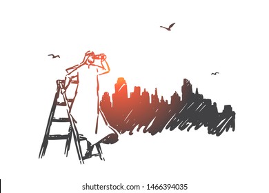 Searching, analysis, hunting, audit, navigation concept sketch. Businessman Arab standing on ladder and looking ahead with spyglass, big city at background. Hand drawn isolated vector illustration