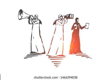 Searching, analysis, hunting, audit, navigation, teamwork concept sketch. Businessman people Muslims standing with spyglass, speaker and documents. Hand drawn isolated vector illustration