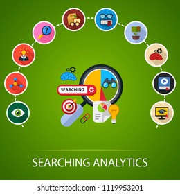 Searching analytics flat icons concept. Vector illustration. Element template for design.