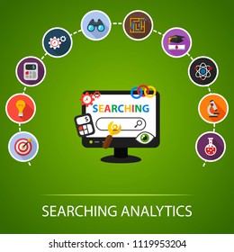 Searching analytics flat icons concept. Vector illustration. Element template for design.