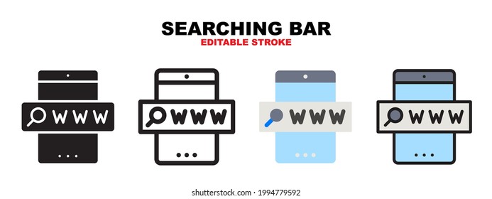 Searching Bar icon set with different styles. Icons designed in filled, outline, flat, glyph and line colored. Editable stroke and pixel perfect. Can be used for web, mobile, ui and more.