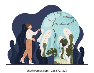 Searching for belief. Woman standing next to abstract head silhouette. Mindfulness and mental health. Self discovery and finding values, inner exploration. Cartoon flat vector illustration