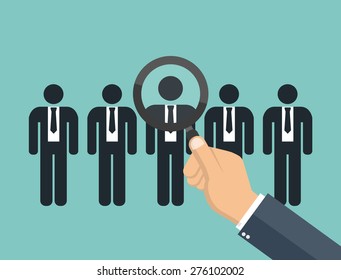 Searching for the best candidate with a magnifying glass - hiring for a job concept - Flat style
