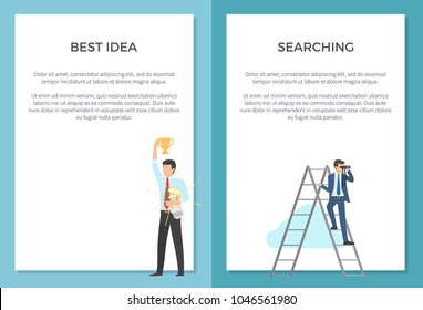 Searching for best idea set of posters. Vector illustration of man with winning cup and large light bulb and adult male on ladder with binoculars