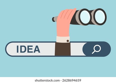 Buscando por uma grande ideia para começar o negócio, analisando start-ups propostas para investimento e crescimento financeiro, precisão na definição de objetivos de negócios, segurando binóculos na barra de pesquisa com uma ideia.