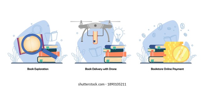 Searching book, Book Delivery, digital bookstore, online payment icon set. Book Exploration, Book delivery with drone, Online Payment. Vector flat design isolated concept metaphor illustrations