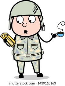 Searching a Book and Holding a Cup of Tea in Other Hand - Cute Army Man Cartoon Soldier Vector Illustration