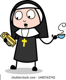Searching a Book While Having Tea - Cartoon Nun Lady Vector Illustration