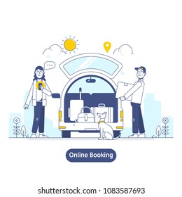 Searching and Booking, Holidays and Traveling app concept vector illustration in flat line style.