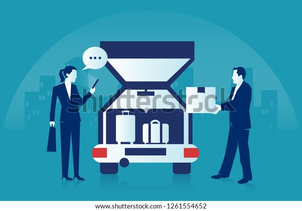 Searching and Booking, Holidays Traveling app.\
Moving and transportation concept. Eps 10 Vector illustration. Man\
holding box woman texting on phone Minimalist white blue flat\
business style\
design