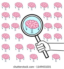 Searching brain or headhunter. Vector concept illustration of hand with magnifying glass searching brain | flat design linear infographic icon colorful on white background