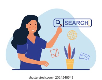 Searching Browsing concept. Internet Data Information Networking. Woman searches for information on the Internet and enters query in search bar. Cartoon flat vector illustration on white background