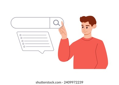 Buscando información de exploración en Internet Concept. Análisis de marketing en línea y SEO. Ilustración de vectores planos.