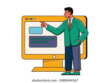 Searching Browsing Internet Concept,Business man clicking internet search page on computer touch screen,copy space. vector cartoon style  illustrator