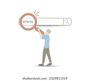 Searching Browsing Internet Data Information Networking Concept,Business man clicking internet search page on computer touch screen,copy space.Hand drawn style vector design illustrations