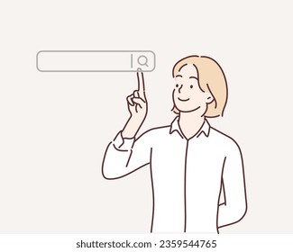 Searching Browsing Internet Data Information Networking Concept,Business woman clicking internet search page on computer touch screen,copy space. Hand drawn style vector design illustrations.