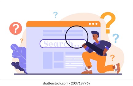 Searching Browsing Internet. Man with magnifying glass in his hands searches in search engines. African american, international. Cartoon flat vector illustration isolated on white background