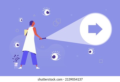 Searching for business direction, strategy or discover business opportunity or solution for work difficulty concept, businesswoman with flashlight uncovering hidden arrow sign