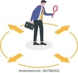 Searching for business direction, strategy or discover business opportunity or solution for work difficulty concept, businessman leader using magnifying glass to discover arrow on the floor.

