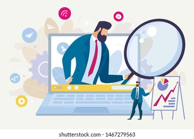 Searching for Business Idea Flat Vector Concept. Businessman with Magnifying Glass Looking Out from Laptop Screen, Employee Presenting Growth Indicators, Pointing on Flipchart with Graphs Illustration