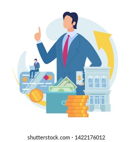 Searching Business Loan Offer, Bank Investments Proposal, Refinancing Opportunity Flat Vector Concept. Businessman, Business Owner with Laptop, Bank Building, Money in Wallet, Credit Card Illustration