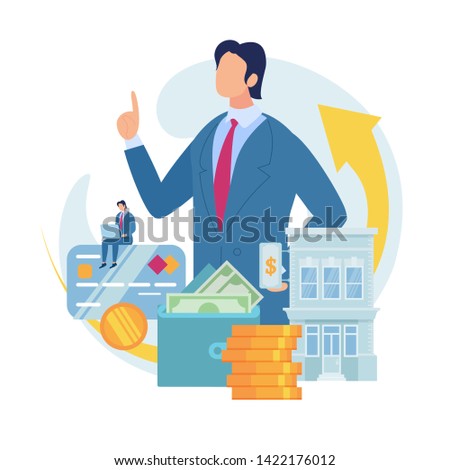 Searching Business Loan Offer, Bank Investments Proposal, Refinancing Opportunity Flat Vector Concept. Businessman, Business Owner with Laptop, Bank Building, Money in Wallet, Credit Card Illustration