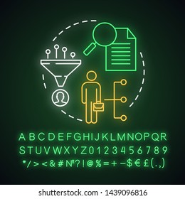 Searching business neon light concept icon. Diligent businessman. How do it do it. Striving for success. Overcoming difficulties idea. Glowing alphabet, numbers, symbols. Vector isolated illustration