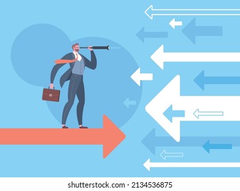 Searching for business opportunities, divergence strategy, think different or vision concept. Businessman is looking through monocular telescope and standing on flying arrow in blue background.