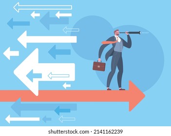 Searching for business opportunities, divergence strategy, think different or vision concept. Businessman is looking through monocular telescope and standing on flying arrow in blue background.