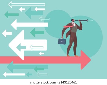 Buscar oportunidades de negocio, estrategia de divergencia, pensar diferente o concepto de visión. Empresario está mirando a través del telescopio monocular y parado en una flecha voladora con fondo verde.