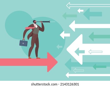 Buscar oportunidades de negocio, estrategia de divergencia, pensar diferente o concepto de visión. Empresario está mirando a través del telescopio monocular y parado en una flecha voladora con fondo verde.