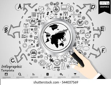 Searching Business success modern Idea and Concept Vector illustration Infographic template with hand, magnifier,World map,icon.
