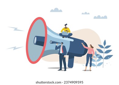 Searching for business target groups, public relations to communicate company information, marketing and advertising concepts, Businessman looks into binoculars with a big megaphone to communicate.