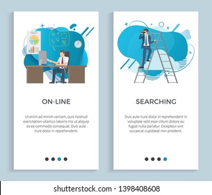 Searching businessman vector, online job interaction with business partners and colleagues, office worker with infocharts on board, male on ladder. Website or app slider, landing page flat style