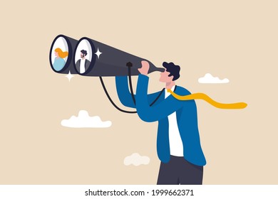 Searching for candidate, HR Human Resources find people to fill in job vacancy, recruitment or finding career opportunity concept, businessman HR look through binoculars to find candidate people.