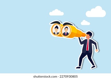 Searching for candidate, HR Human Resources find people to fill in job vacancy, recruitment or finding career opportunity concept, businessman HR look through binoculars to find candidate people.