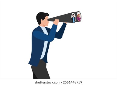 Searching for candidate, HR Human Resources find people to fill in job vacancy, recruitment or finding career opportunity concept, businessman HR look through binoculars to find candidate people.