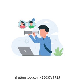 Searching for candidate, HR Human Resources find people to fill in job vacancy, recruitment or finding career opportunity concept, businessman HR look through binoculars to find candidate people.