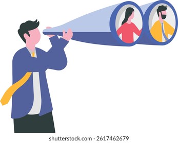 Searching for candidate, HR Human Resources find people to fill in job vacancy, recruitment or finding career opportunity concept, businessman HR look through binoculars to find candidate people.

