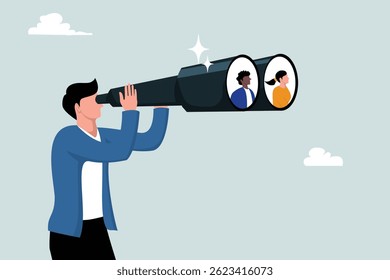 Pesquisando candidato, Recursos Humanos de RH encontrar pessoas para preencher vagas de emprego, recrutamento ou encontrar conceito de oportunidade de carreira, o empresário RH procurar binóculos para encontrar candidatos.
