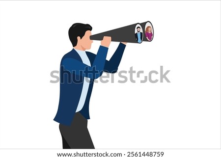 Searching for candidate, HR Human Resources find people to fill in job vacancy, recruitment or finding career opportunity concept, businessman HR look through binoculars to find candidate people.