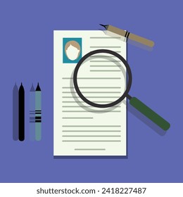 Searching candidates. Job vacancy employee hunter documents review Searching with magnifying glass