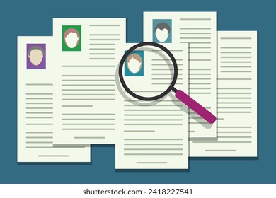 Searching candidates. Job vacancy employee hunter documents review, Searching with magnifying glass